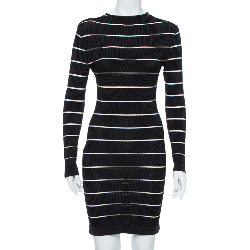Image of Balmain Black Paneled Knit Long Sleeve Bodycon Dress M