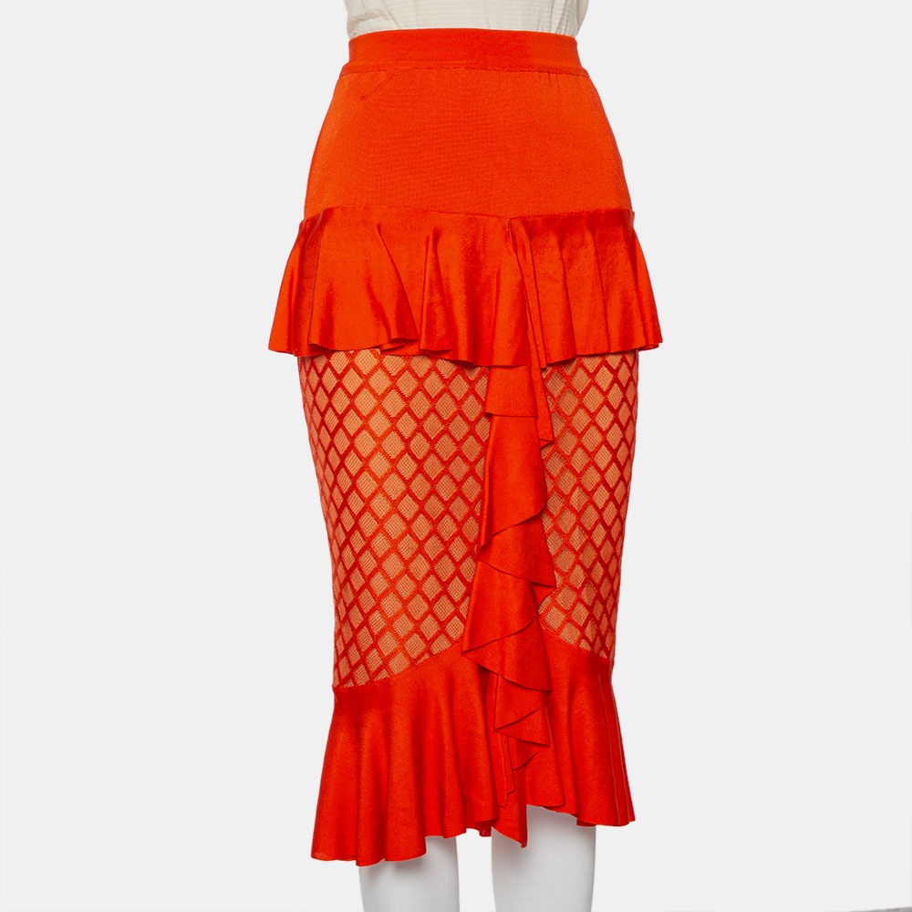 Balmain Orange Knit Ruffled Midi Skirt M