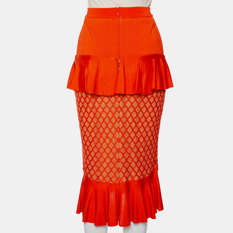 Balmain Orange Knit Ruffled Midi Skirt M