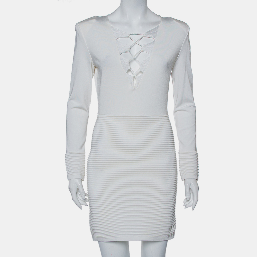 Balmain white textured knit lace up tie detail mini dress m