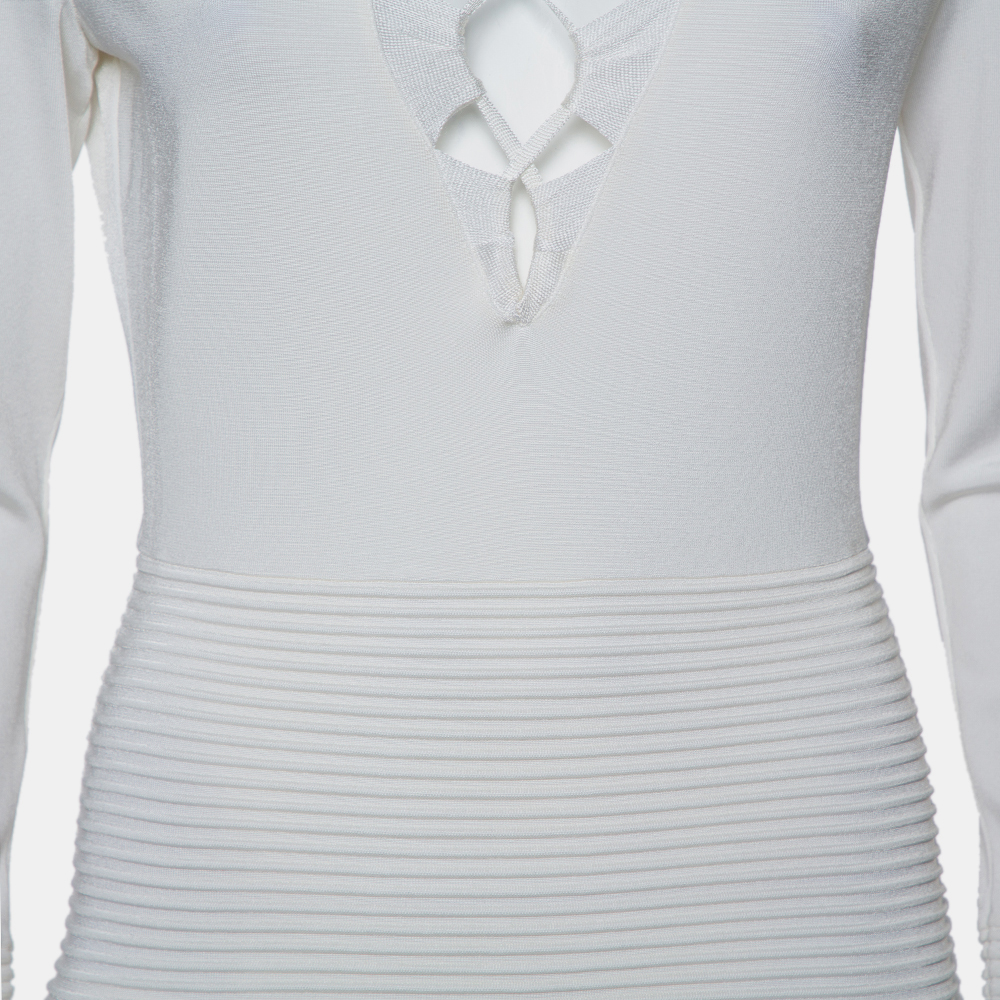 Balmain White Textured Knit Lace Up Tie Detail Mini Dress M