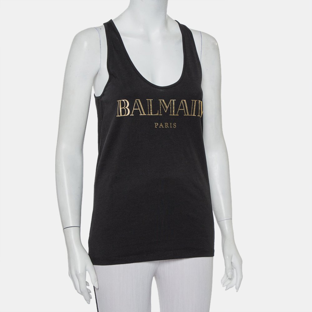 Balmain Black Cotton Logo Printed Tank Top M