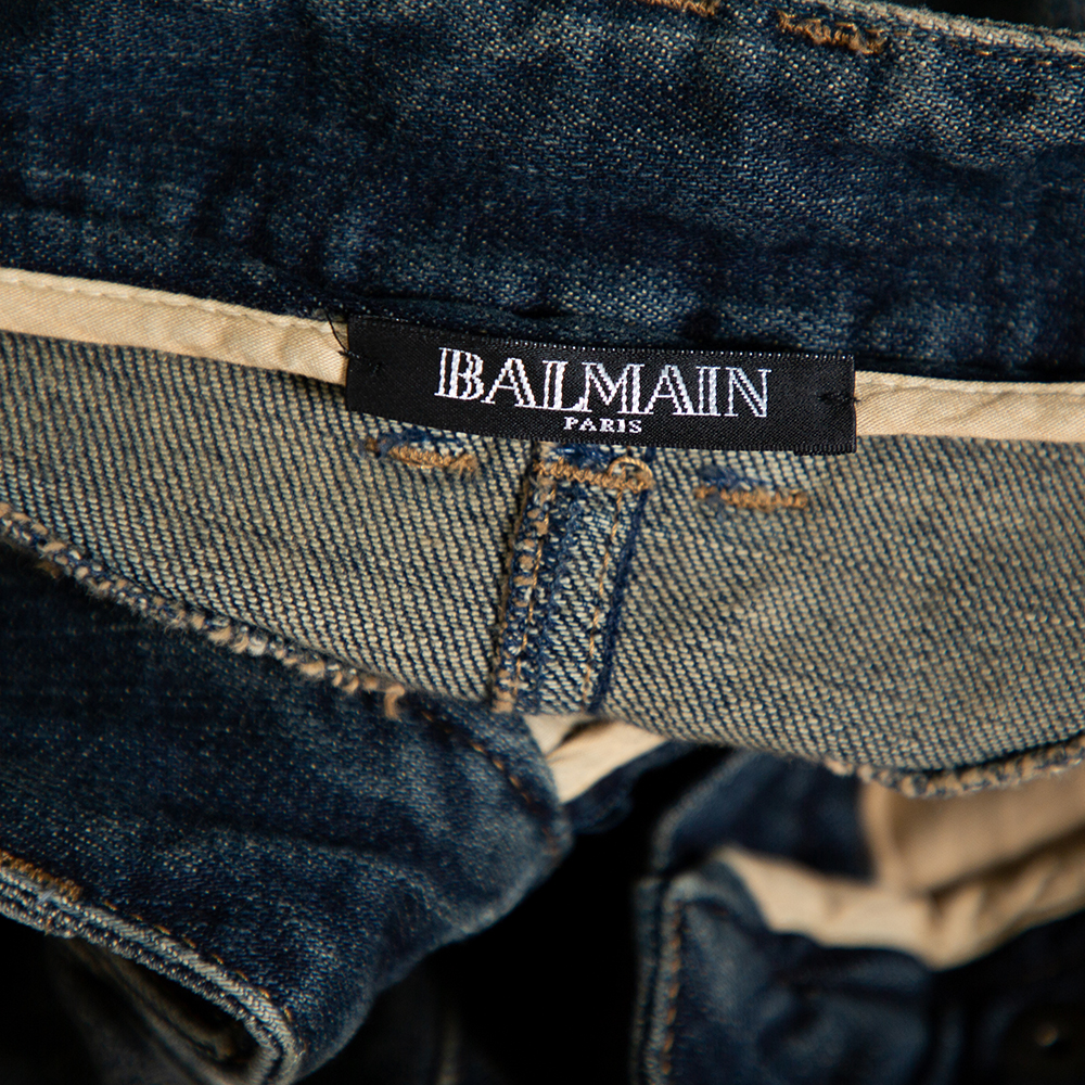 Balmain Blue Denim Quilted Detail Faded Effect Biker Jeans M