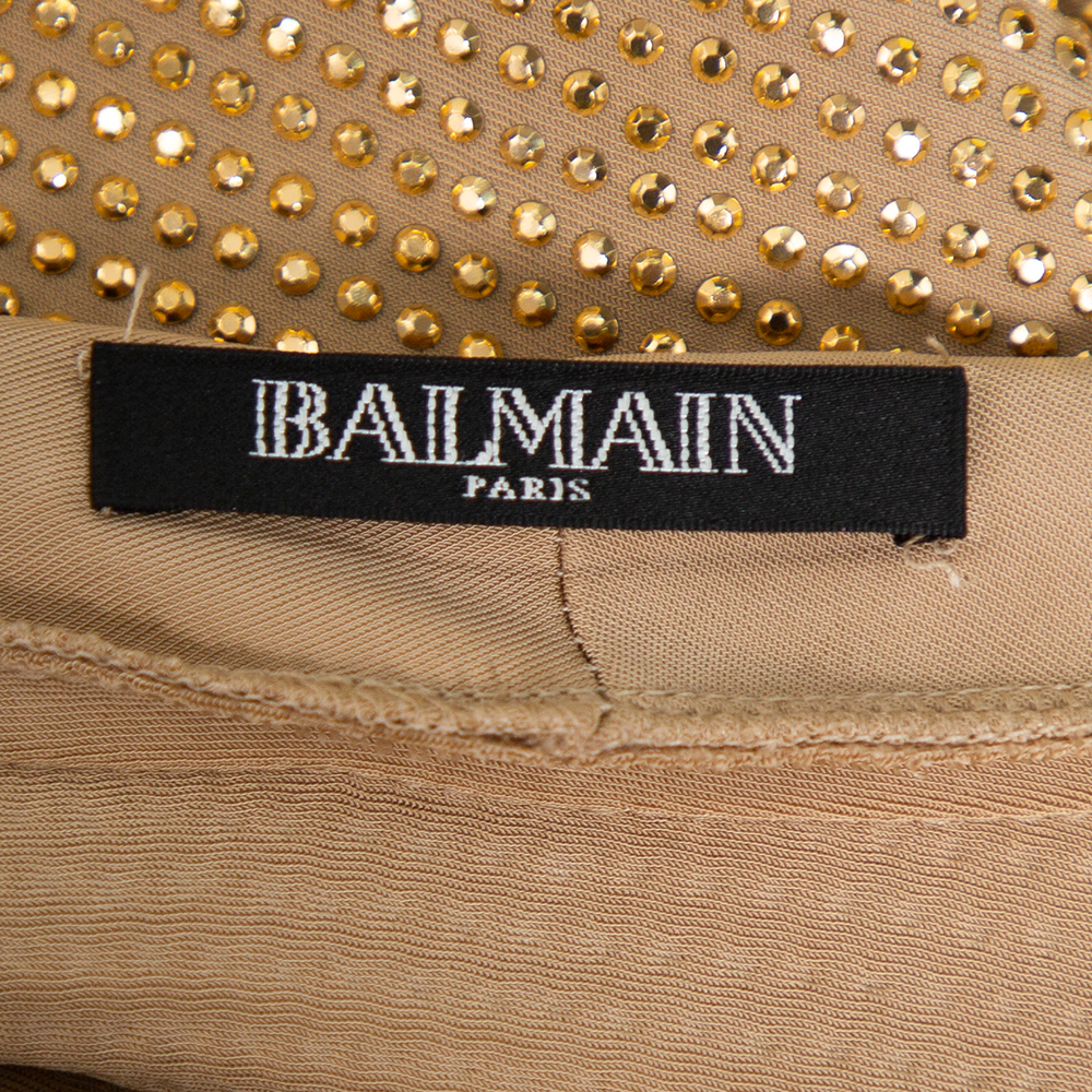 Balmain Gold Rhinestone Embellished Knit V-Neck Oversized Top M