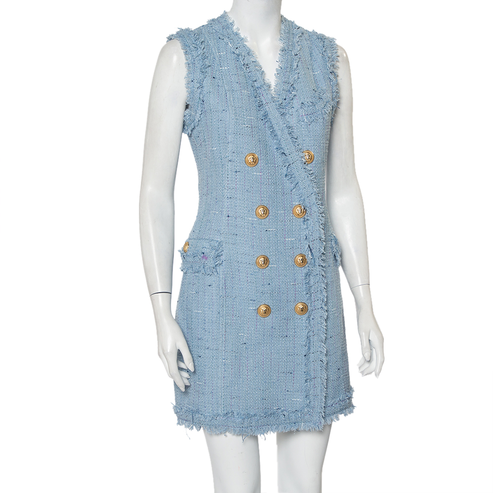 

Balmain Powder Blue Tweed Double Breasted Sleeveless Mini Dress