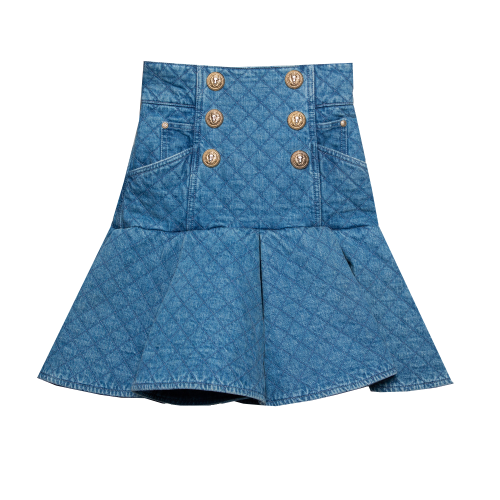 Balmain Blue Quilted Denim Button Detail Asymmetrical Hem Mini Skirt S