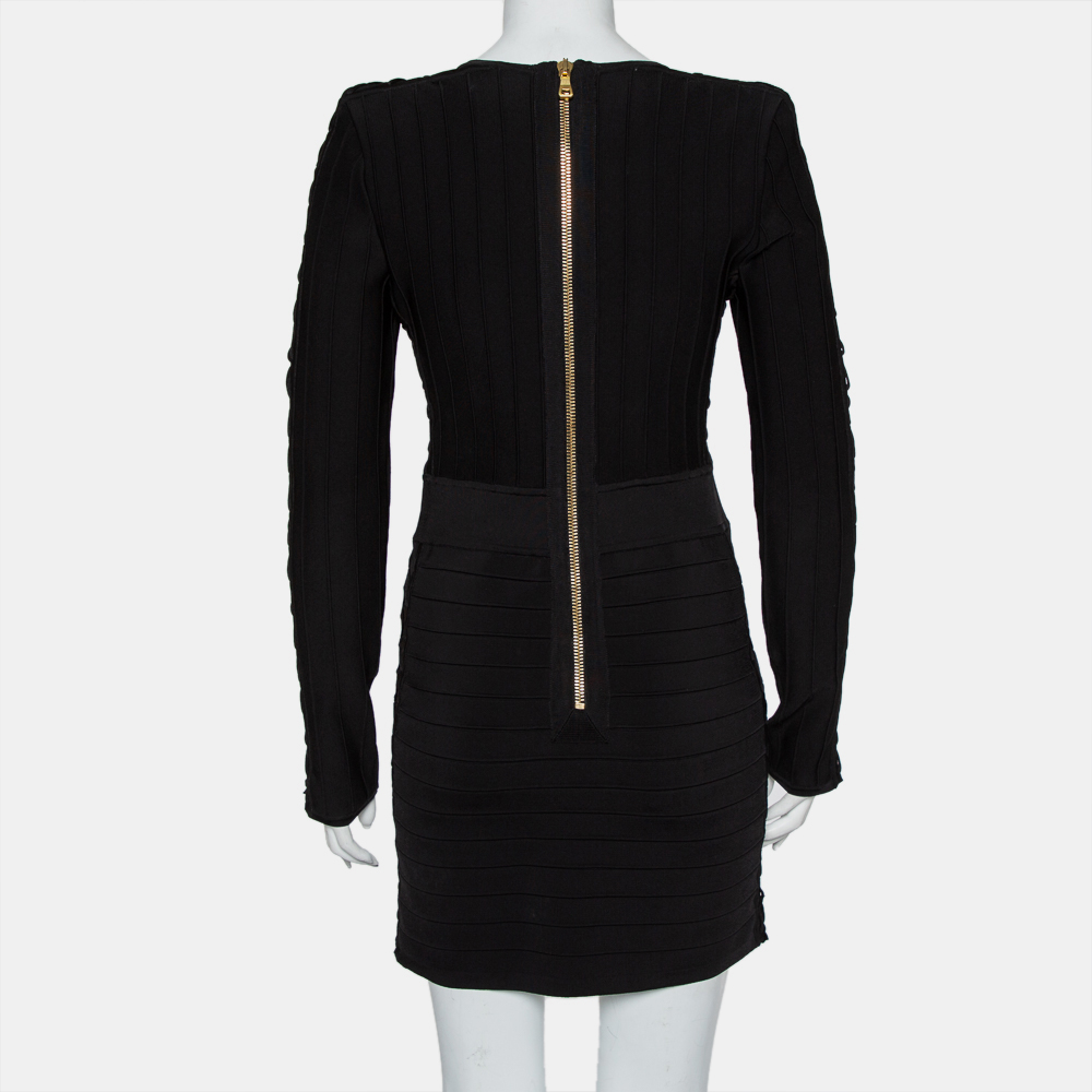 Balmain Black Knit Lace Up Detail Mini Dress M