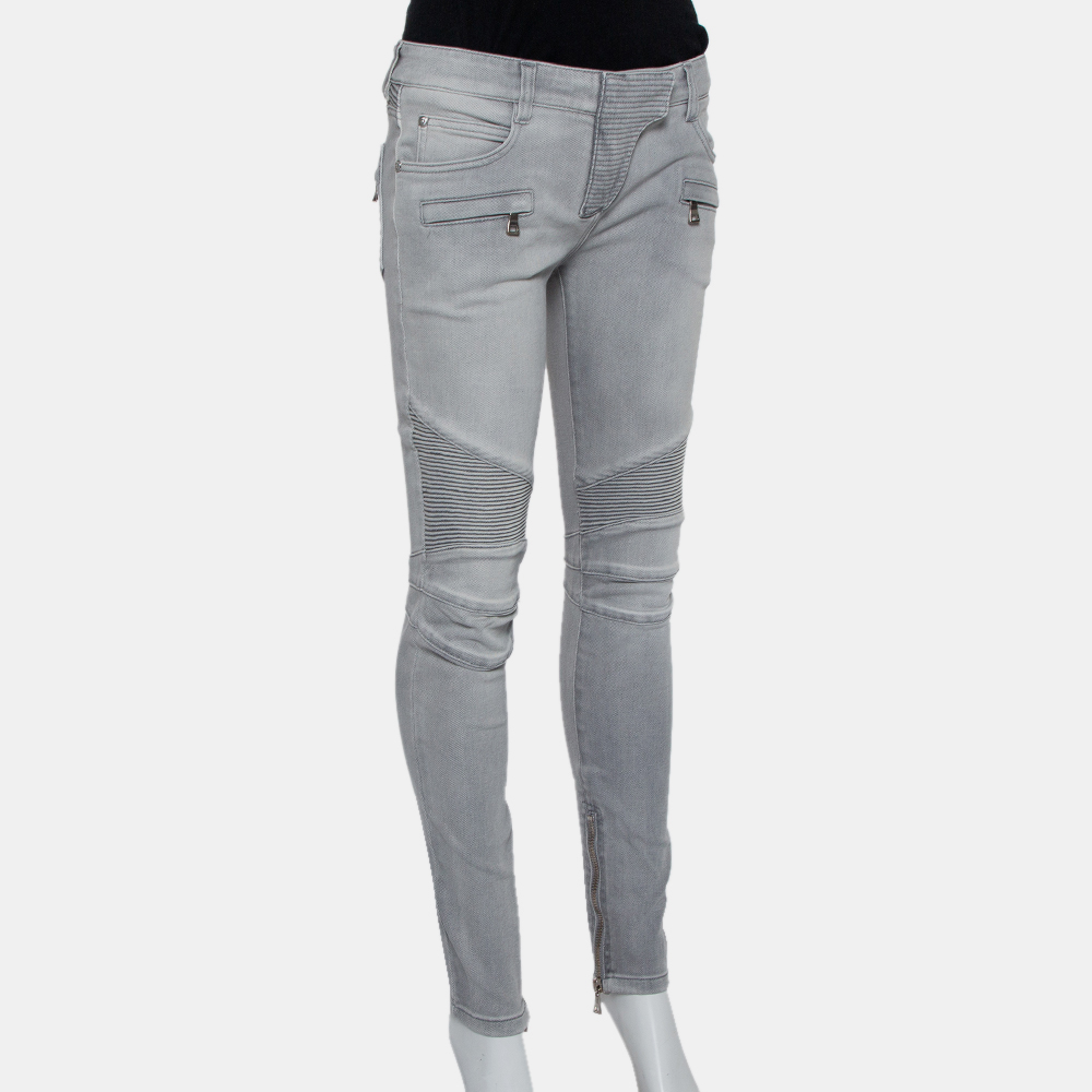 Balmain Grey Denim Biker Jeans M