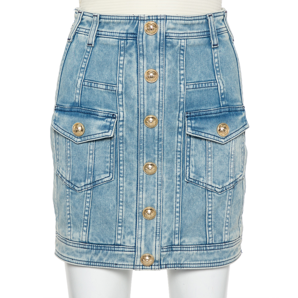 Balmain Blue Light Wash Denim Button Detail Mini Skirt M