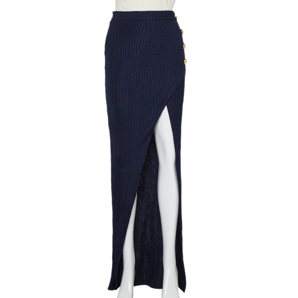 Balmain Navy Blue Rib Knit Thigh High Slit Detail Faux Wrap Maxi Skirt S