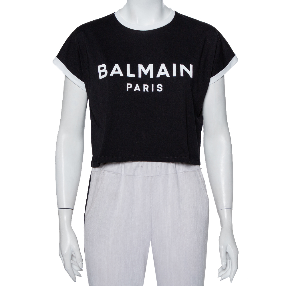 Balmain Black Logo Printed Cotton Crop Top XXS
