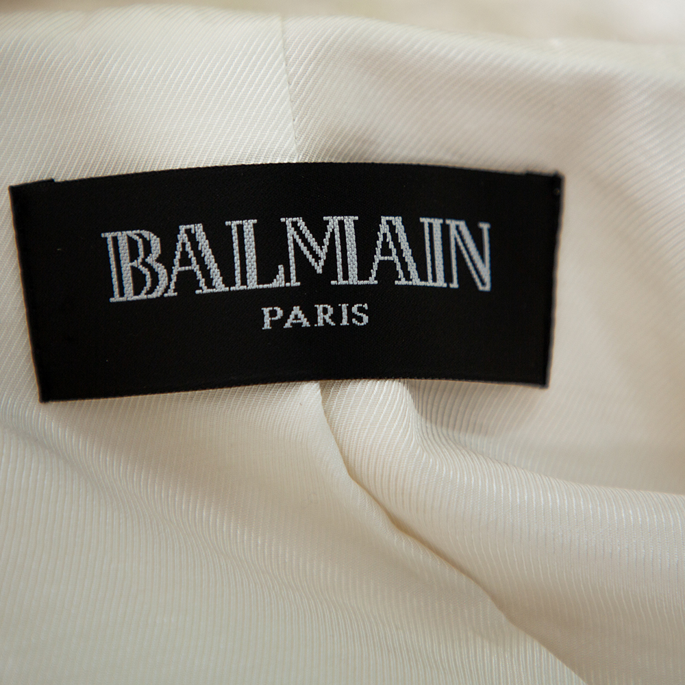 Balmain Cream Wool Satin Trim Open Front Blazer M