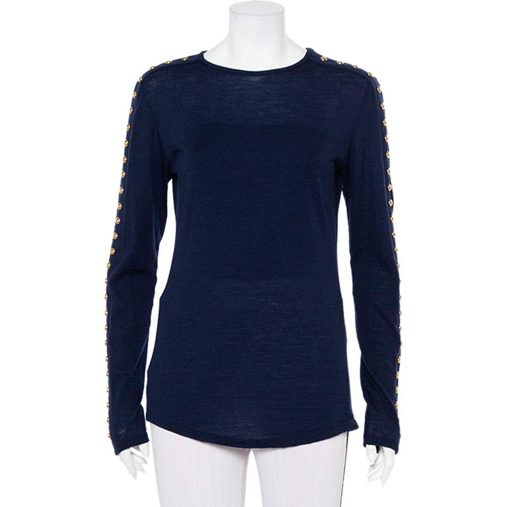Balmain Navy Blue Wool Studded Detail Sweater L
