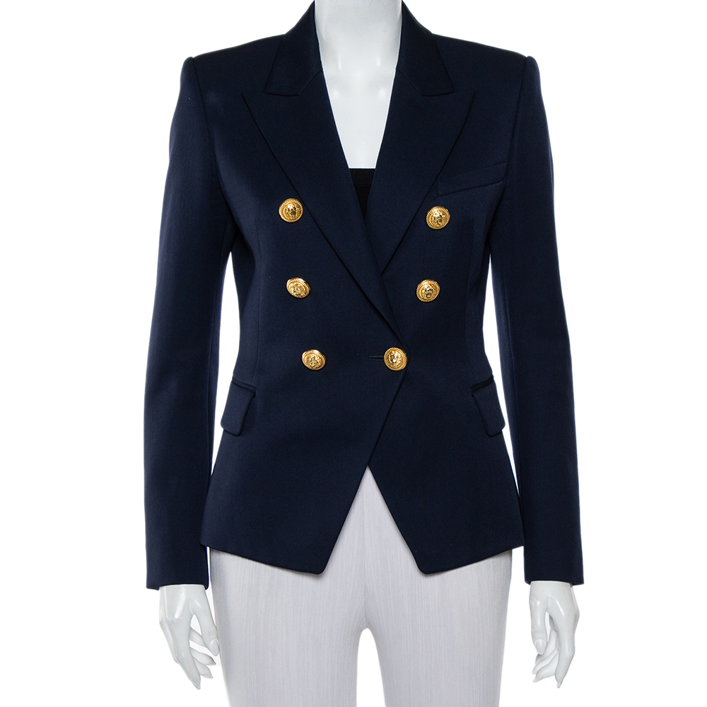 Balmain Navy Blue Wool Button Detail Double Breasted Blazer M