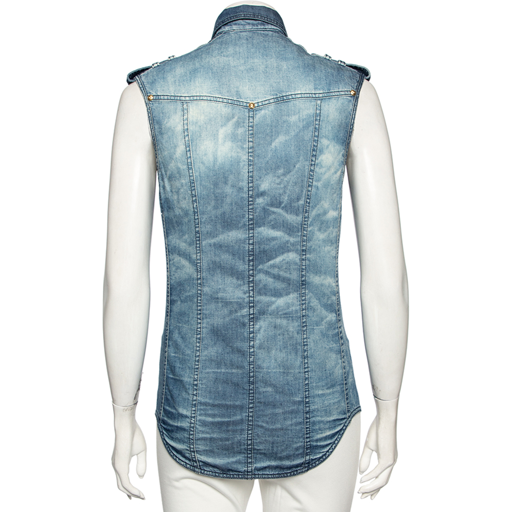 Balmain Blue Faded Effect Denim Pocket Detailed Button Front Sleeveless Shirt S