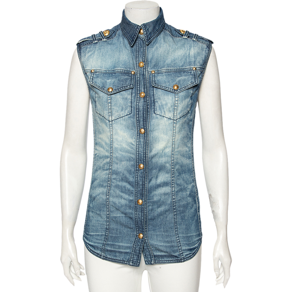 Balmain blue faded effect denim pocket detailed button front sleeveless shirt s