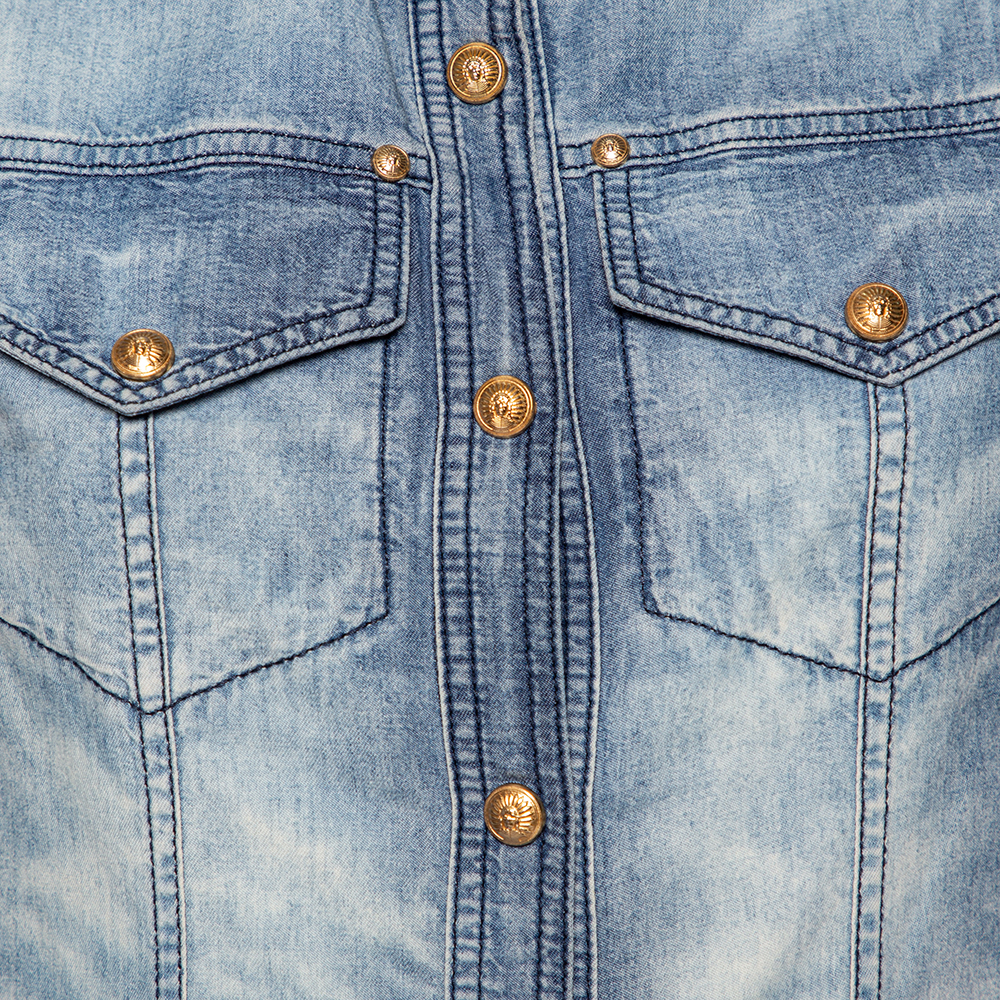 Balmain Blue Faded Effect Denim Pocket Detailed Button Front Sleeveless Shirt S