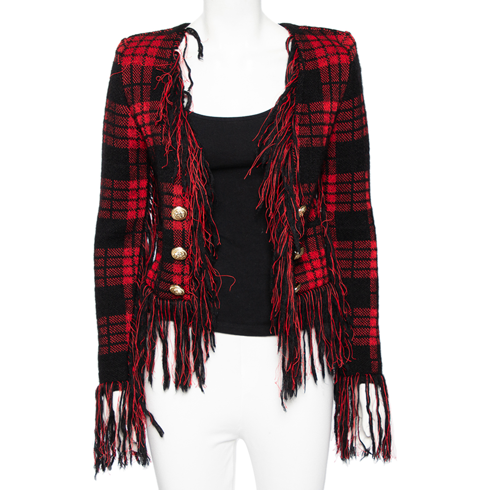 Balmain Red & Black Checkered Tweed Fringed Open Front Blazer S