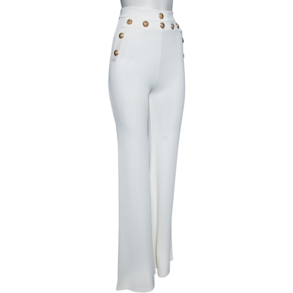 

Balmain White Knit Button Embellished Flared Trousers
