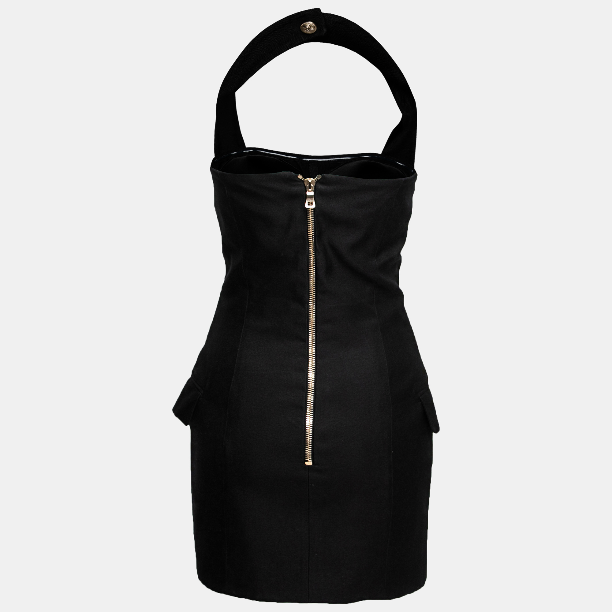 

Balmain Black Cotton Double Breasted Halter Neck Short Dress