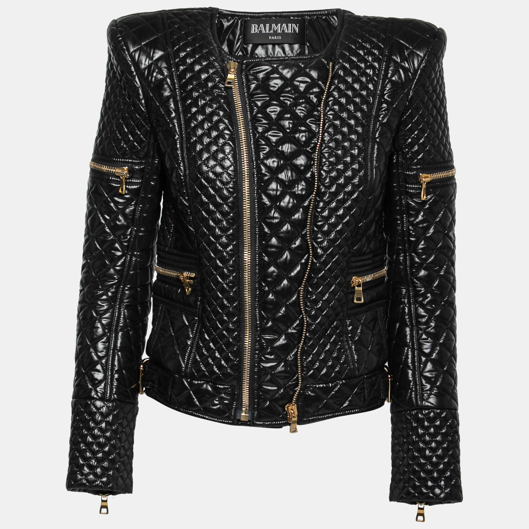 Balmain Black Synthetic Gold Zipper Detail Quilted Jacket M