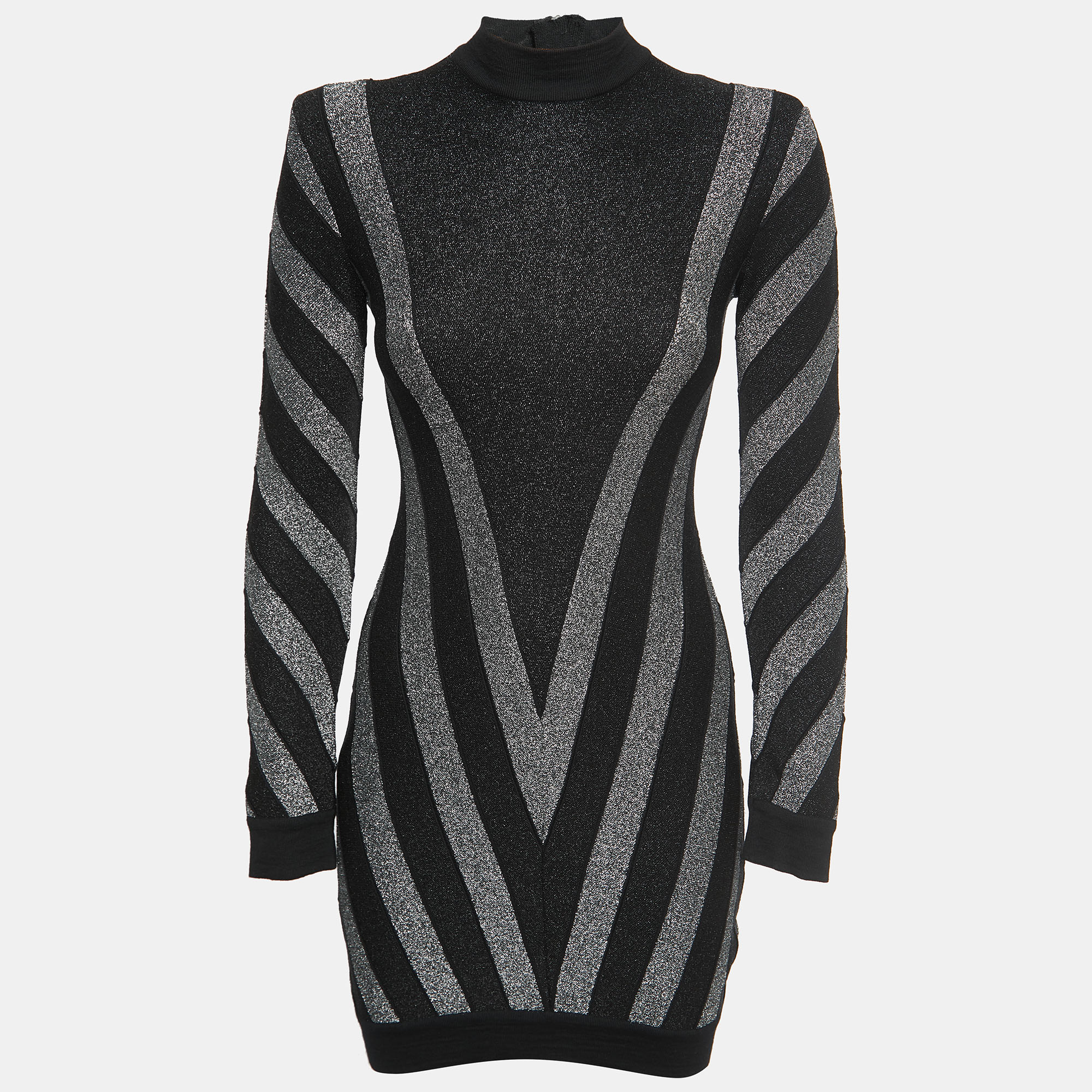 Balmain Black Striped Patterned Lurex Knit Mini Bodycon Dress S