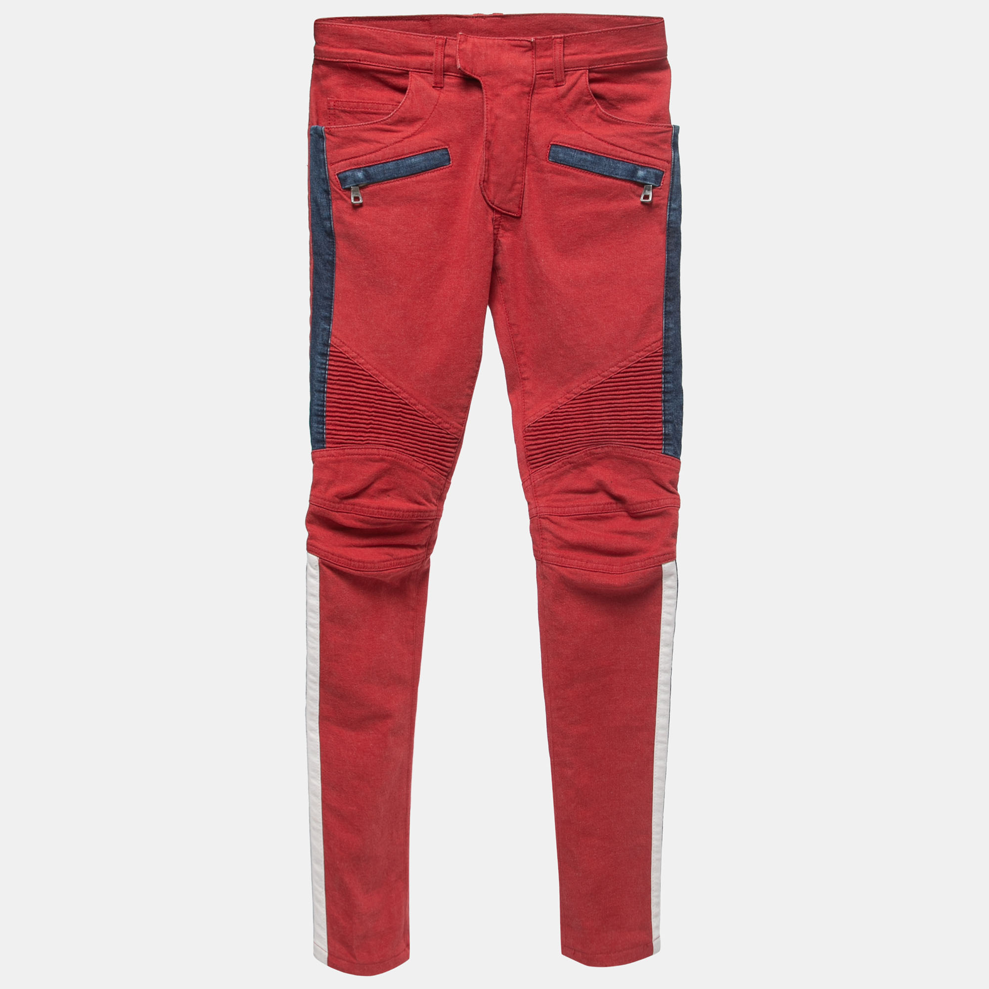 Balmain Red Denim Quilted Skinny Jeans M Waist 27