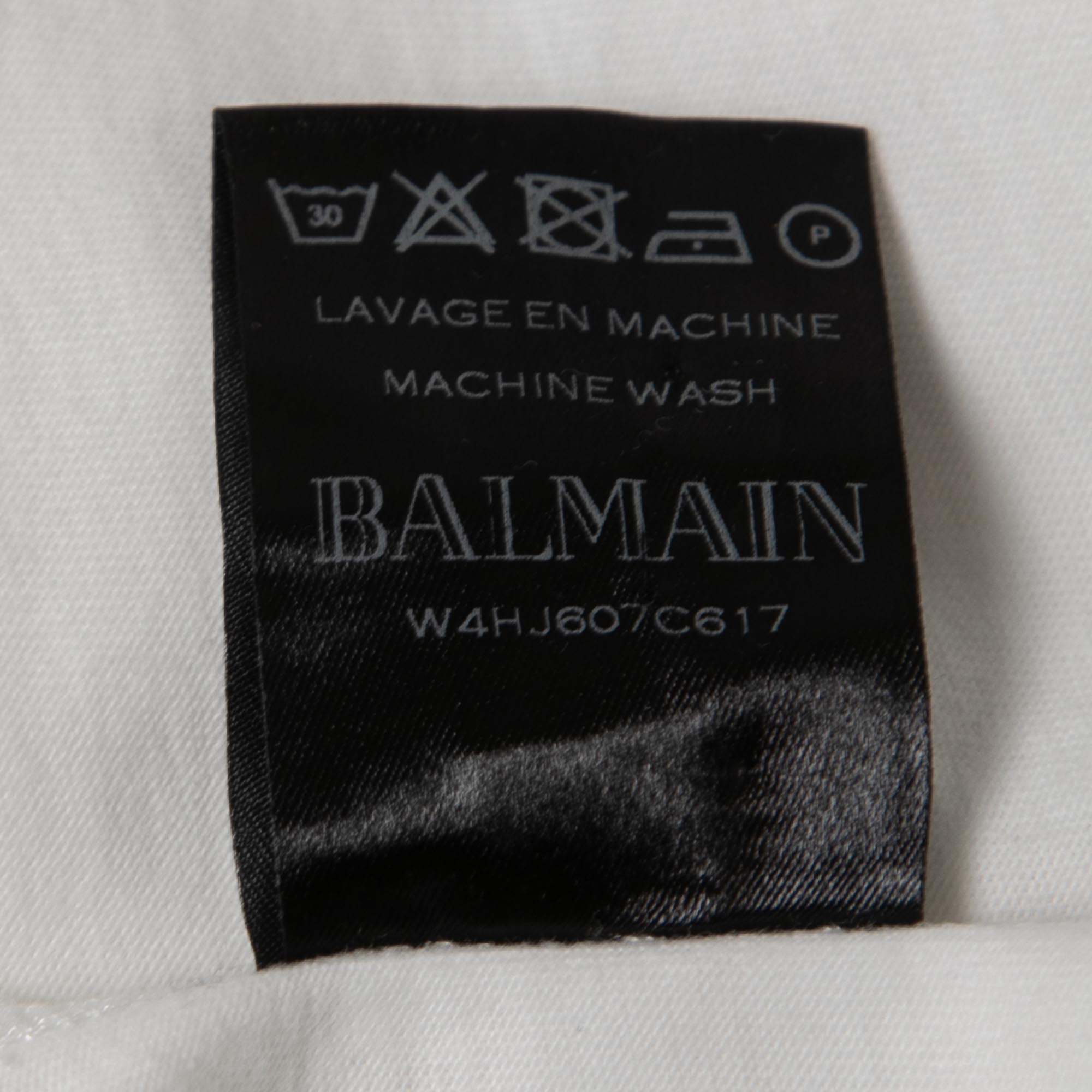 Balmain White Cotton Knit Distressed Detail T-Shirt S