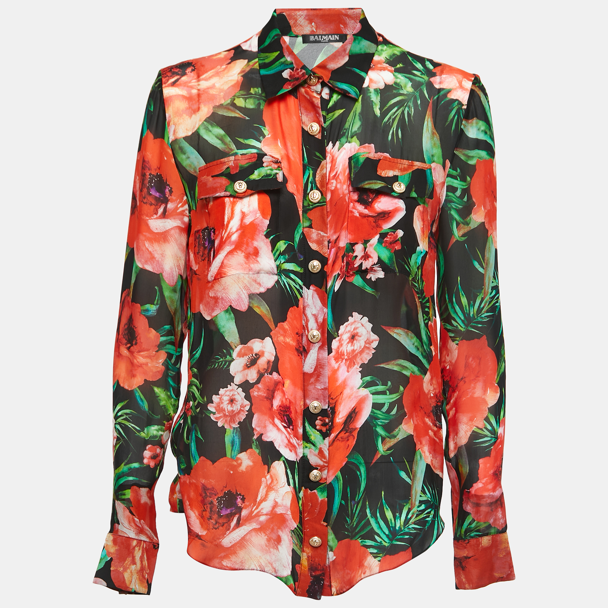 Balmain Multicolor Floral Print Silk Button Front Shirt Blouse M