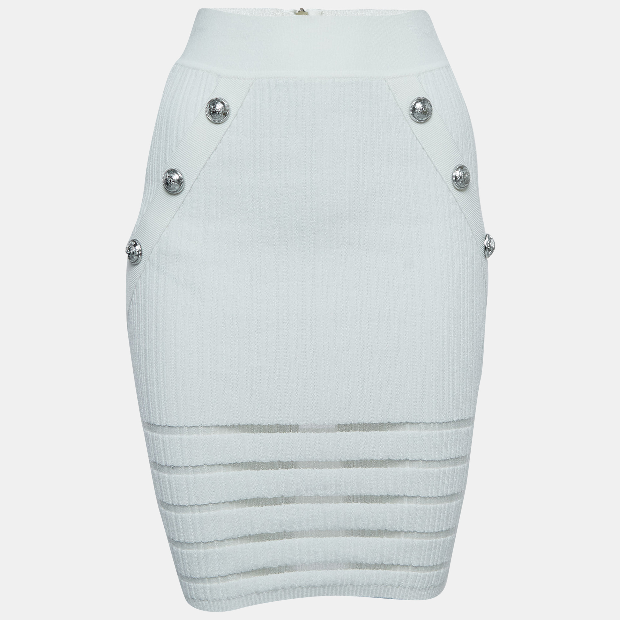 Balmain White Rib-Knit Button Embellished Skirt S