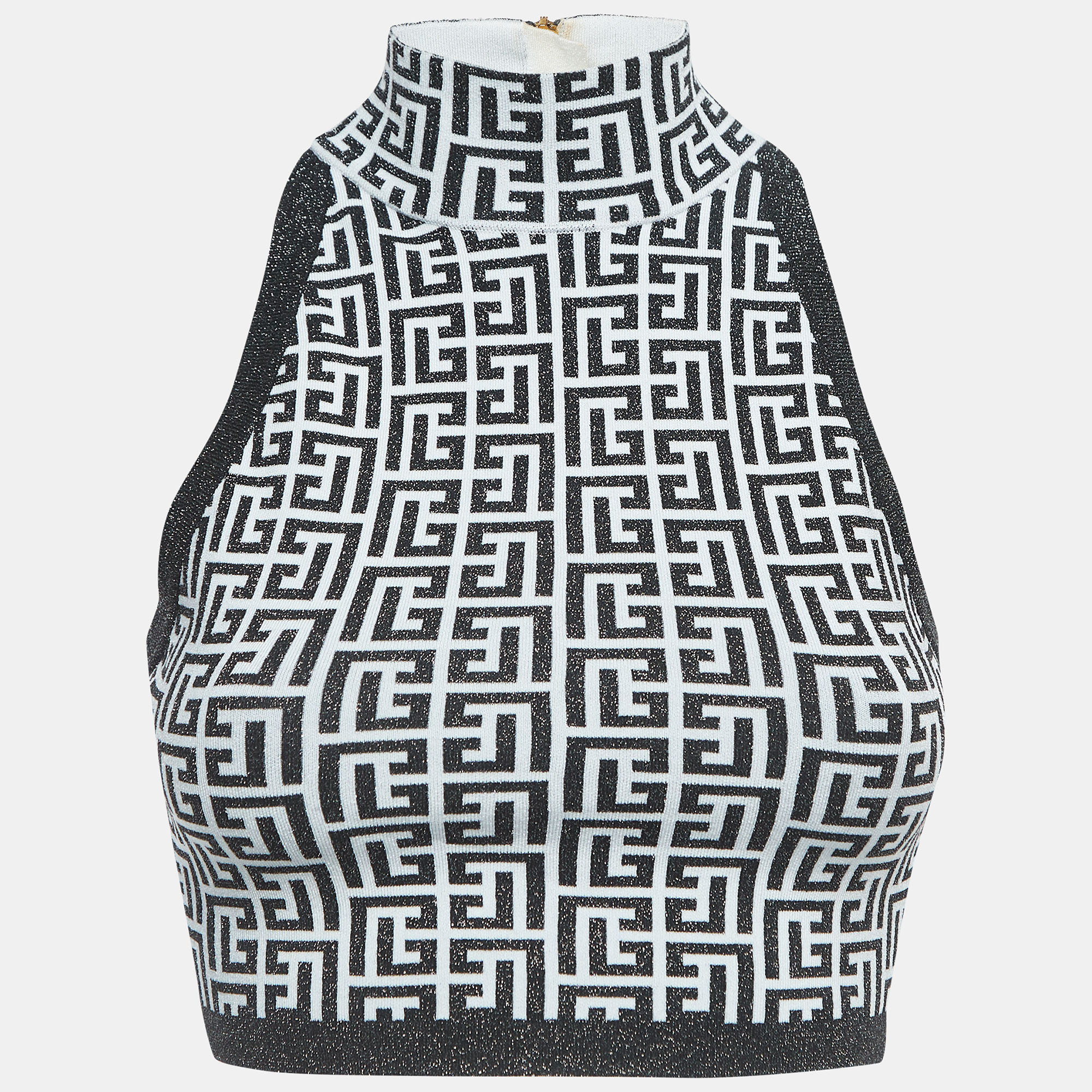 Balmain Monochrome Monogram Jacquard Knit Crop Top S