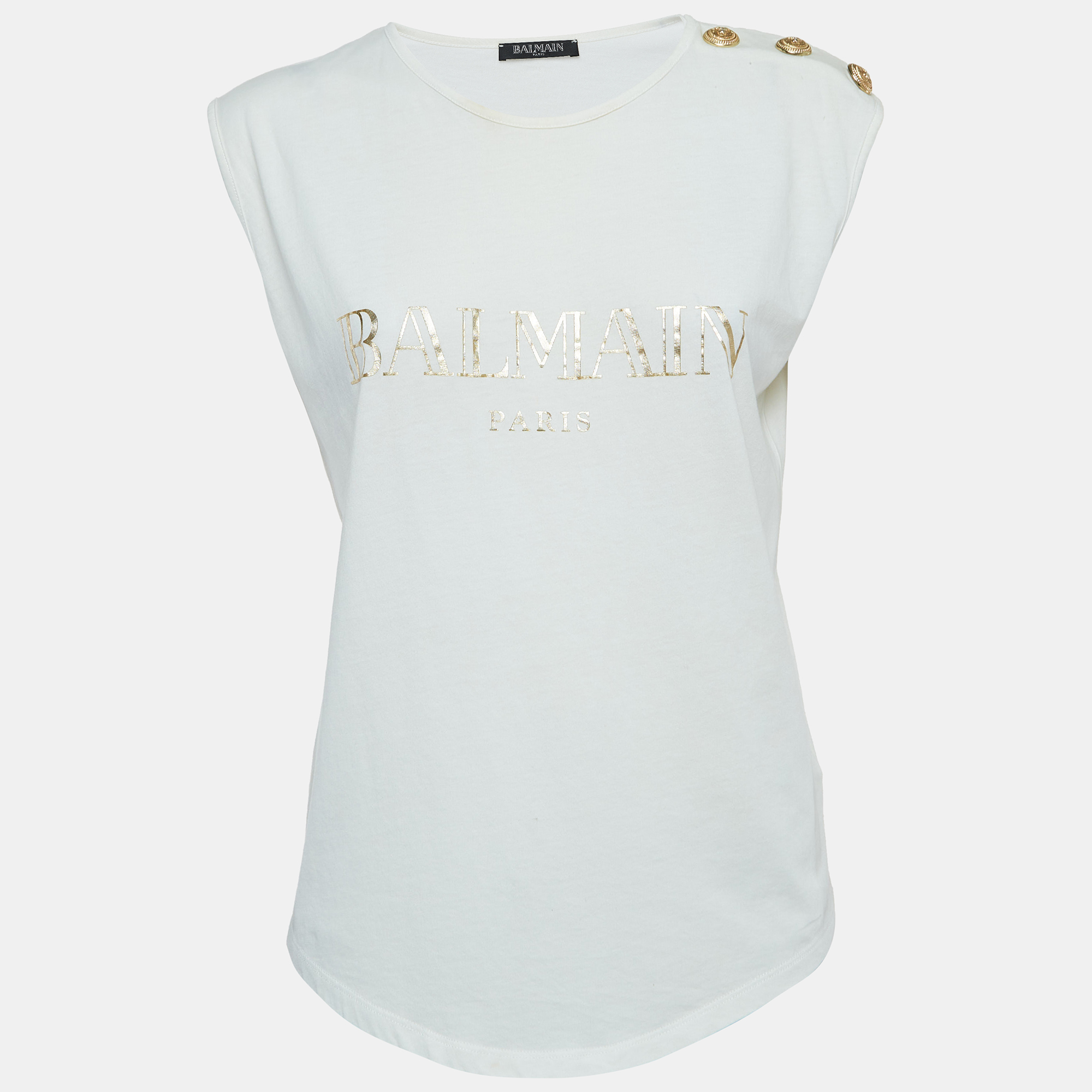 Balmain white logo print distressed cotton button detailed tank top m