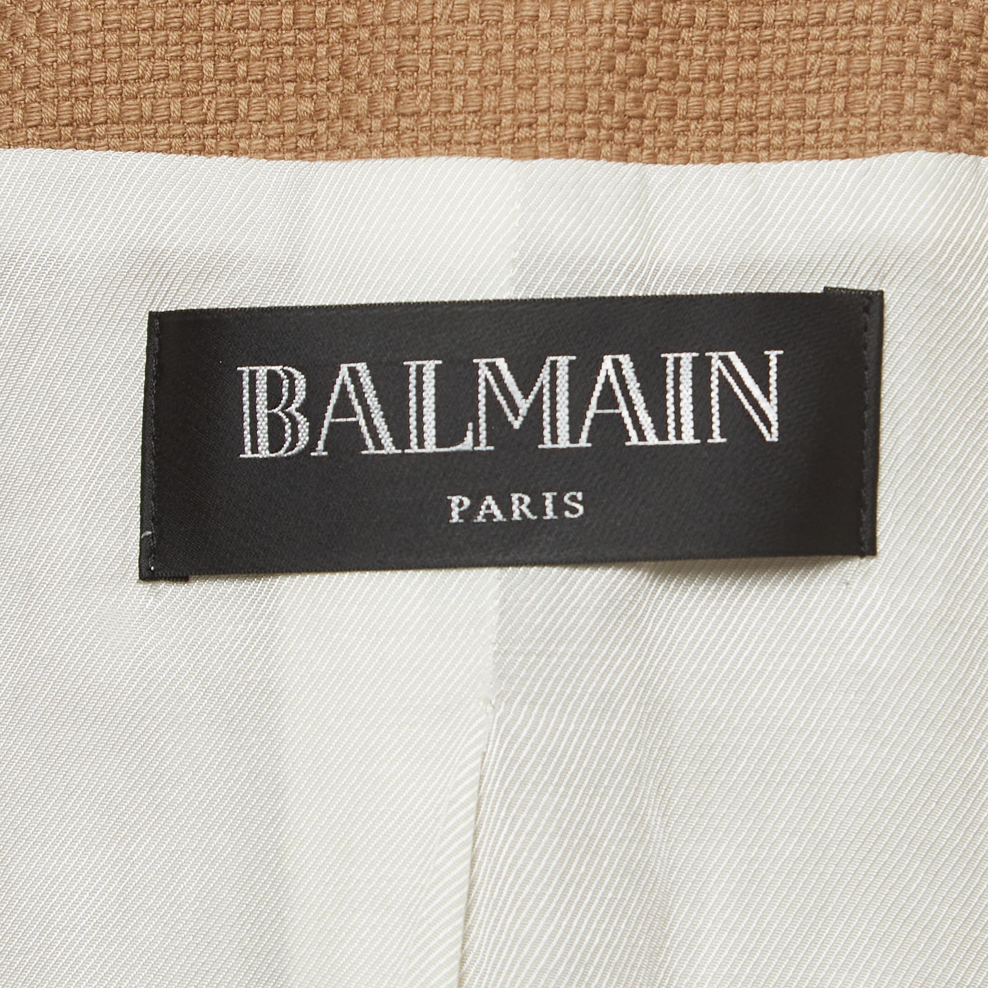 Balmain Beige Textured Cotton Double-Breasted Blazer M