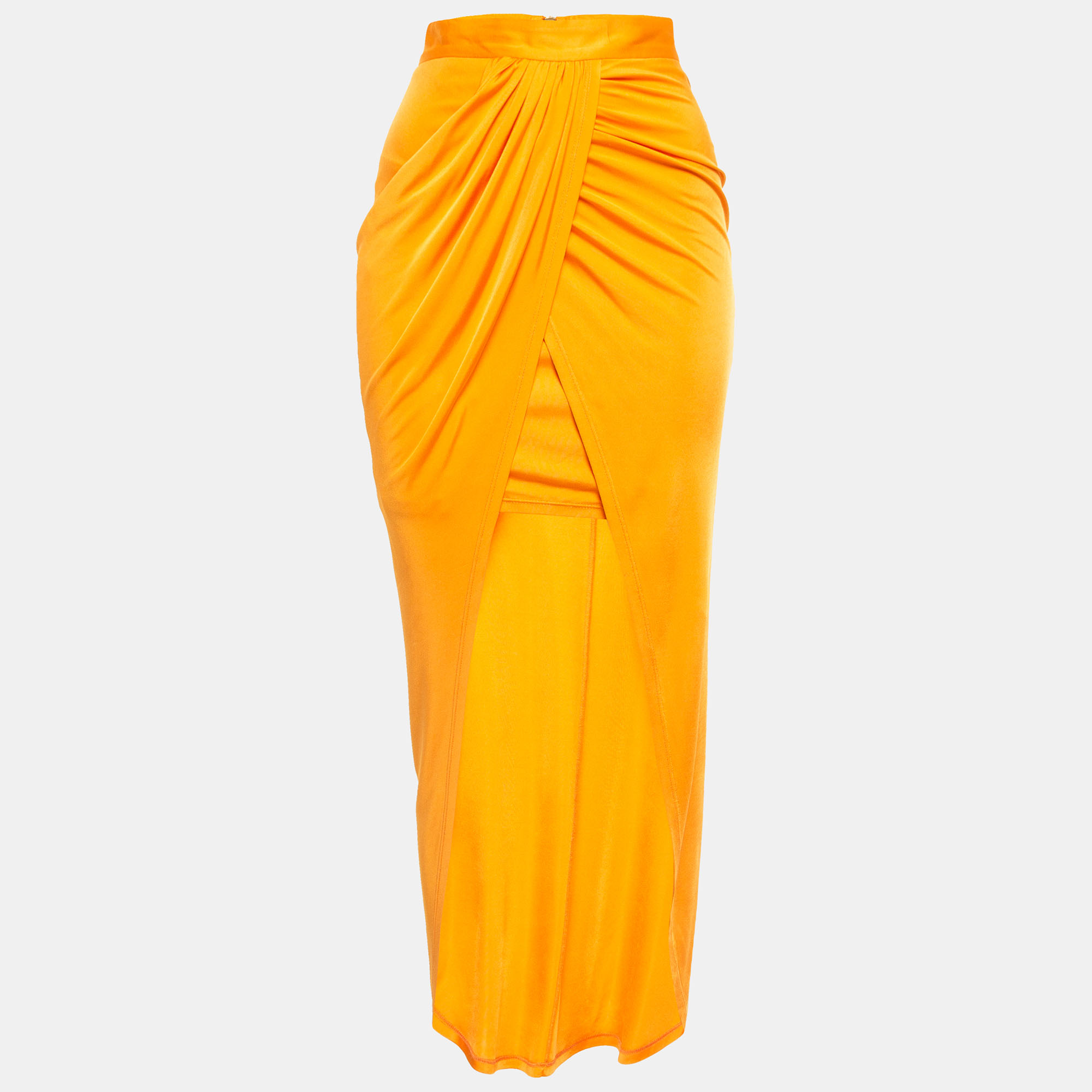 Balmain orange jersey high slit draped maxi skirt s
