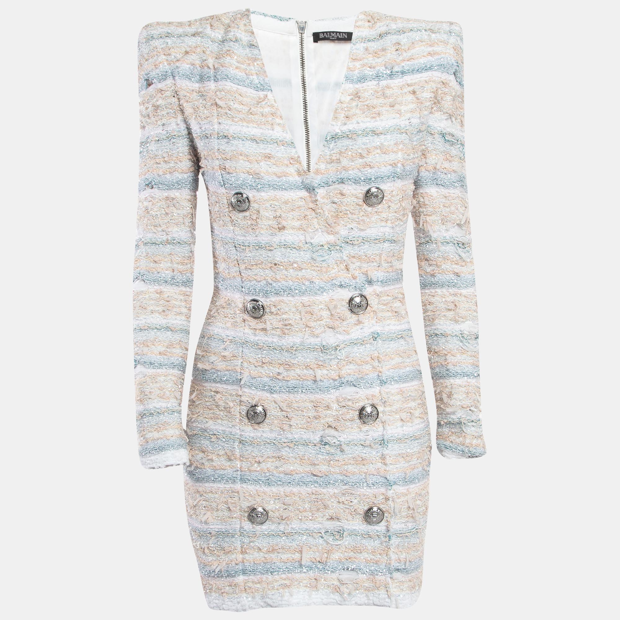 Balmain white/blue metallic boucl&eacute;-tweed button-embellished mini dress m
