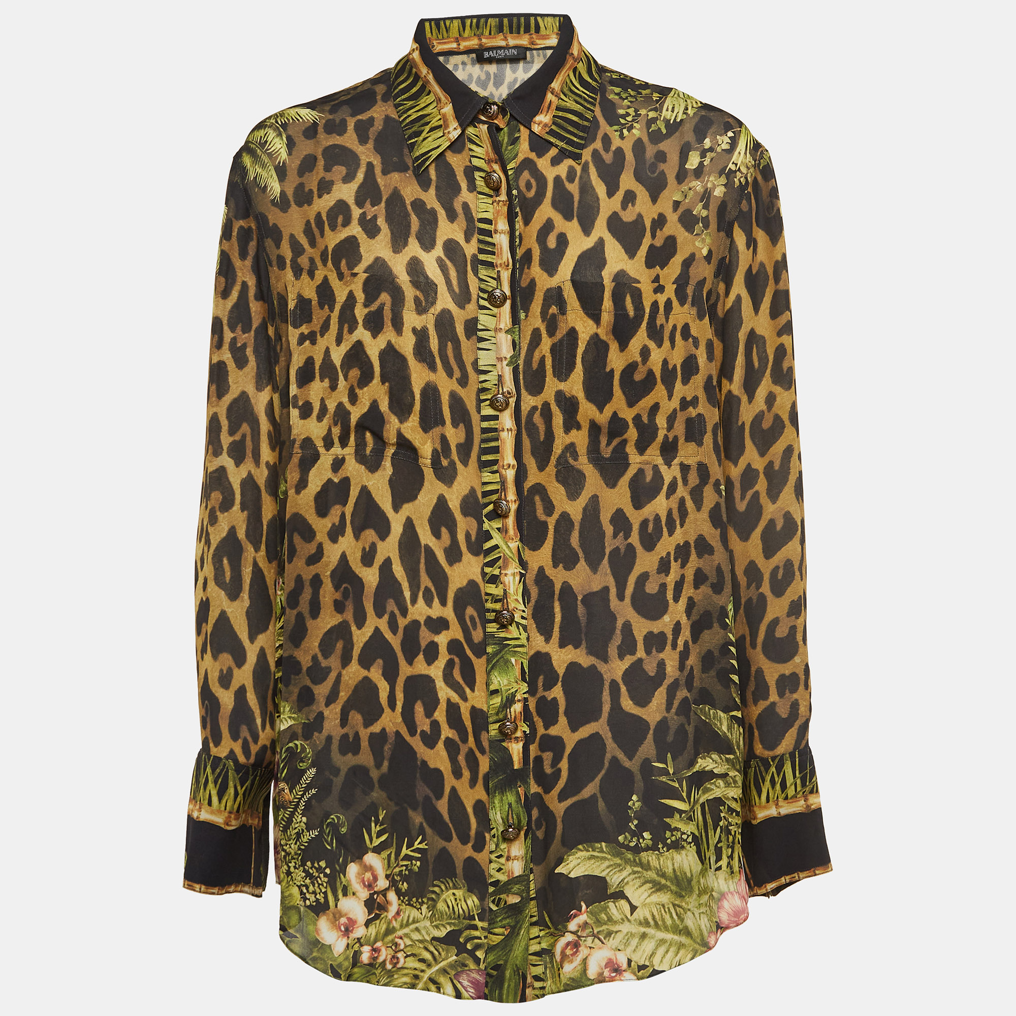 

Balmain Green Leopard Print Silk Semi Sheer Shirt