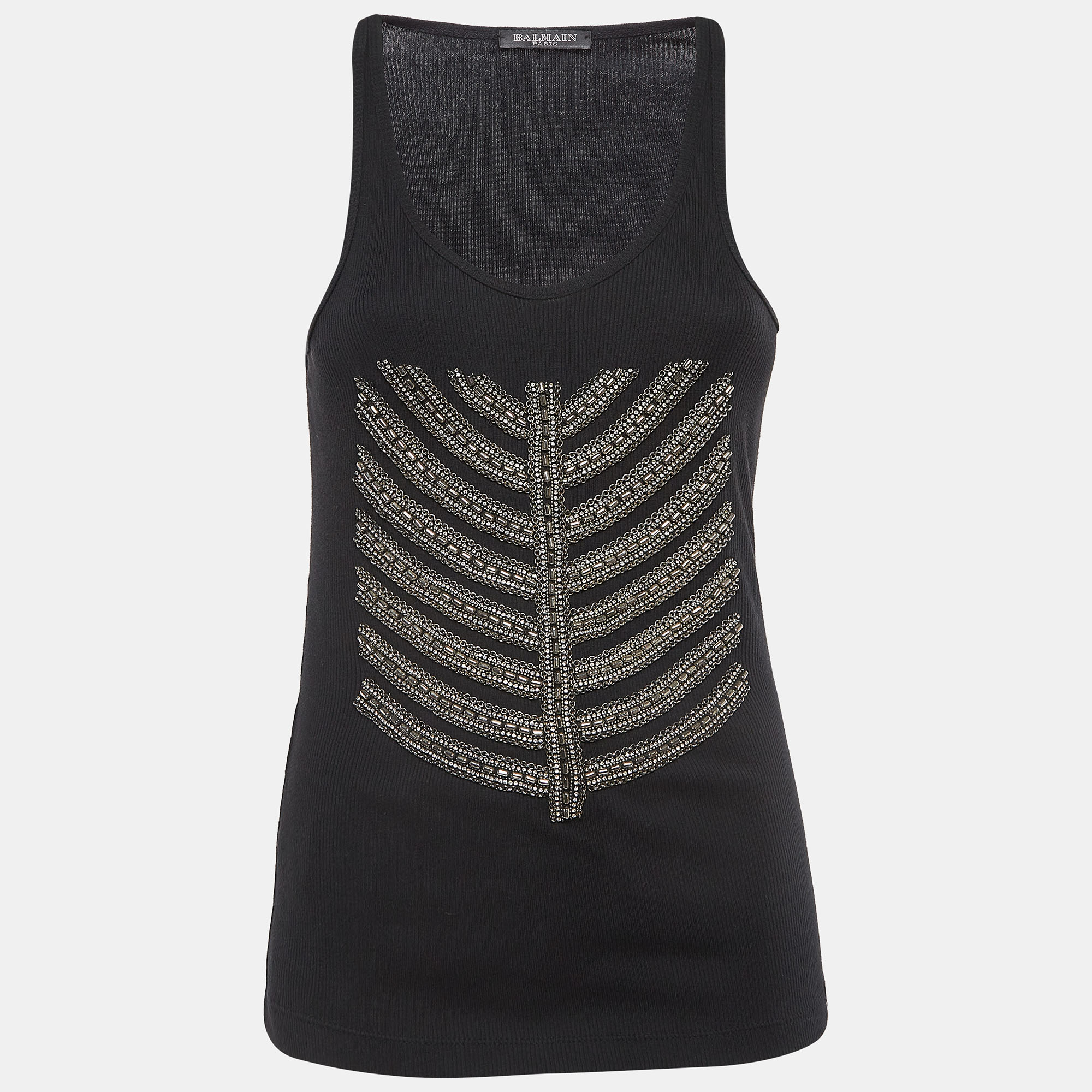 Balmain black cotton knit metallic chain and crystal embellished tank top m