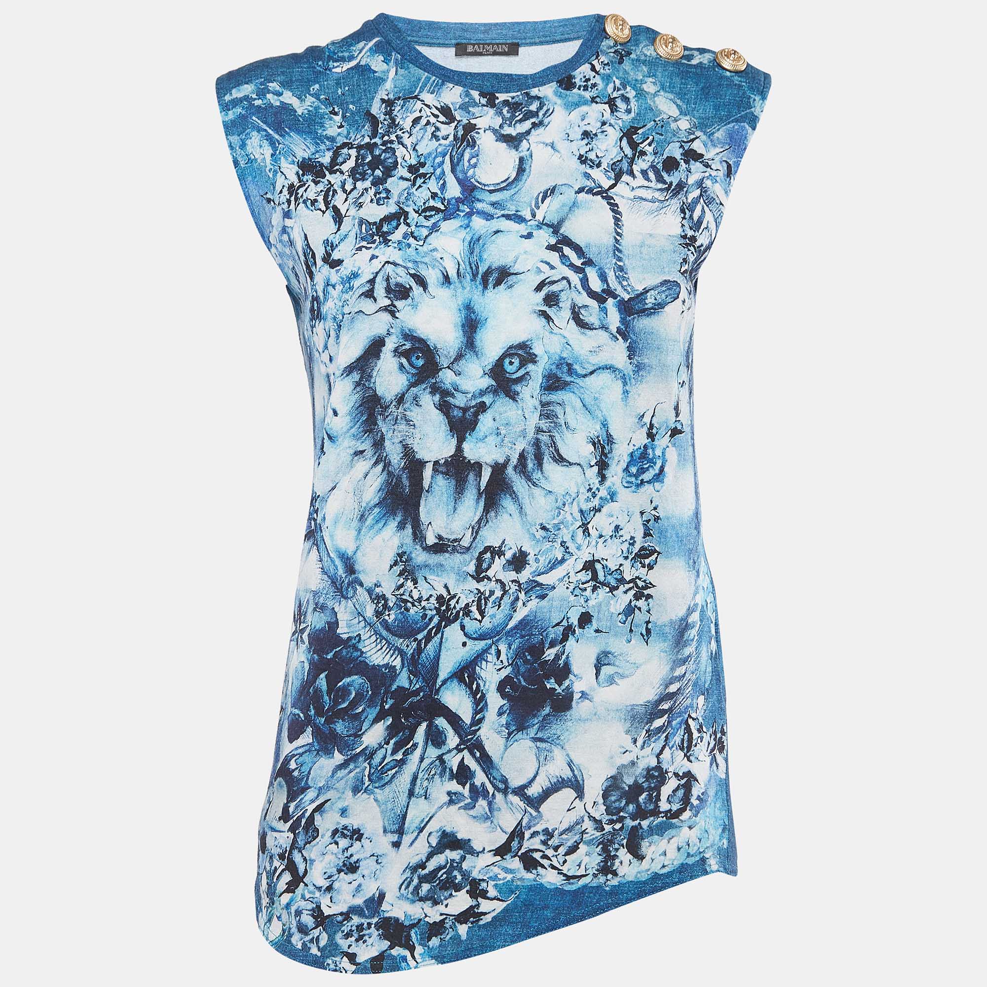 Balmain blue lion print knit button embellished tank top m