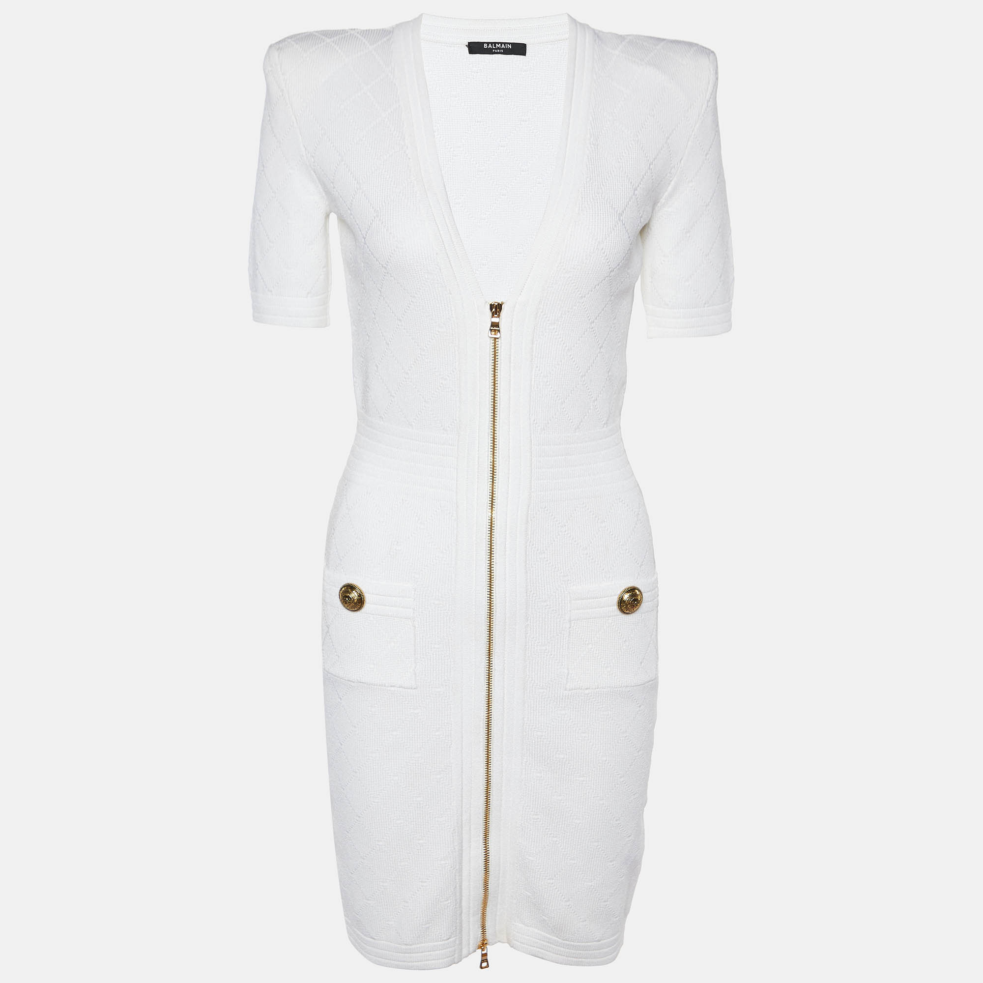 Balmain white jacquard knit zip front short dress s