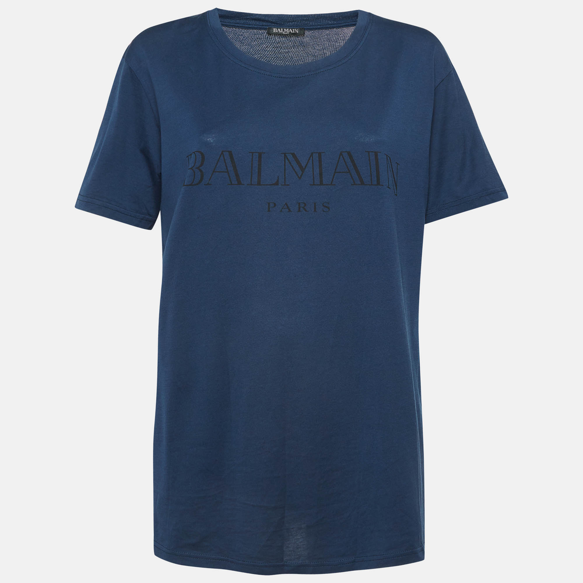 Balmain navy blue logo print cotton half sleeve t-shirt l