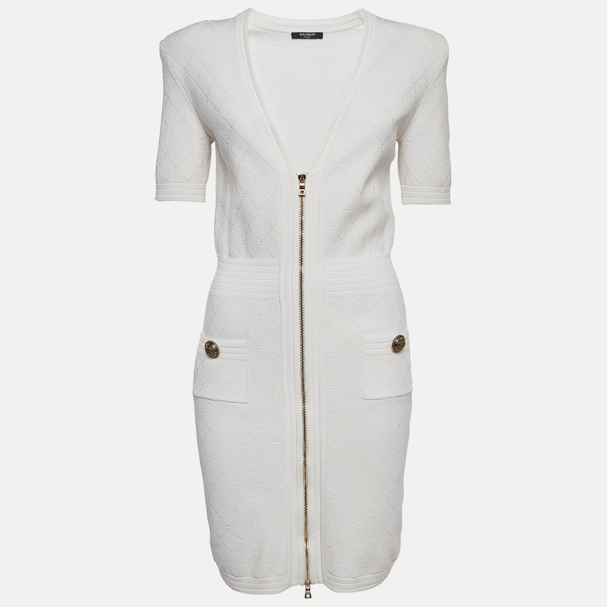 

Balmain White Patterned Knit Zip Front Short Dress