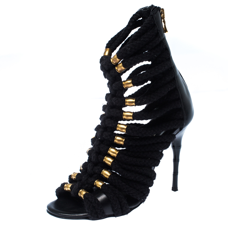 Image of Balmain Black Canvas Strappy Sandals Size