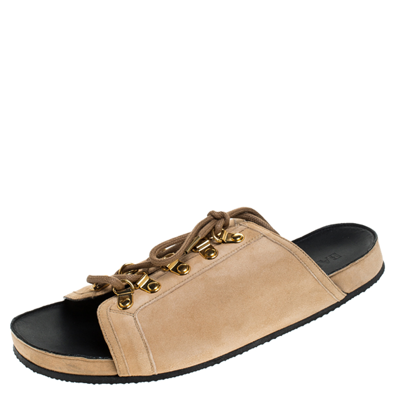 Image of Balmain Beige Suede Lace Up Flat Sandals Size