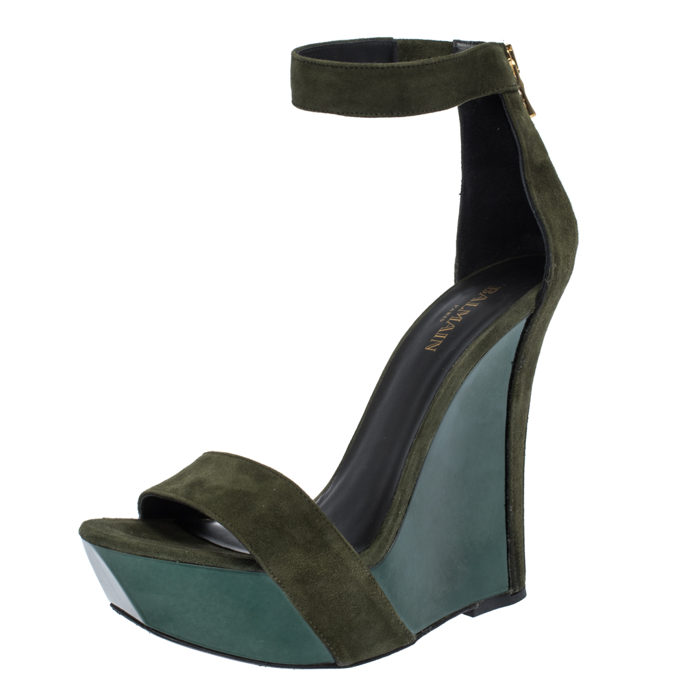 Image of Balmain Green Suede Leather Samara Wedge Platform Ankle Cuff Sandals Size