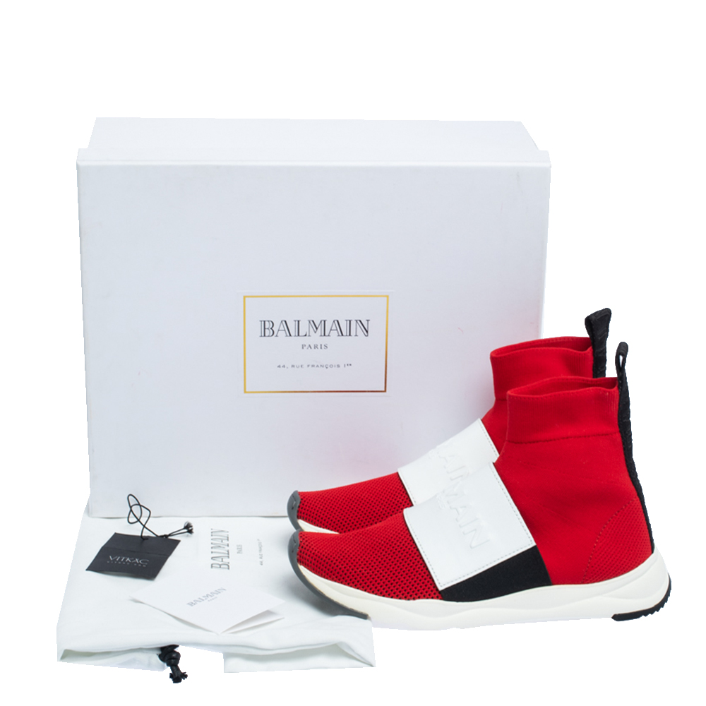 Balmain Red/White Stretch Knit And Leather Embossed Logo High Top Sneakers Size 36.5