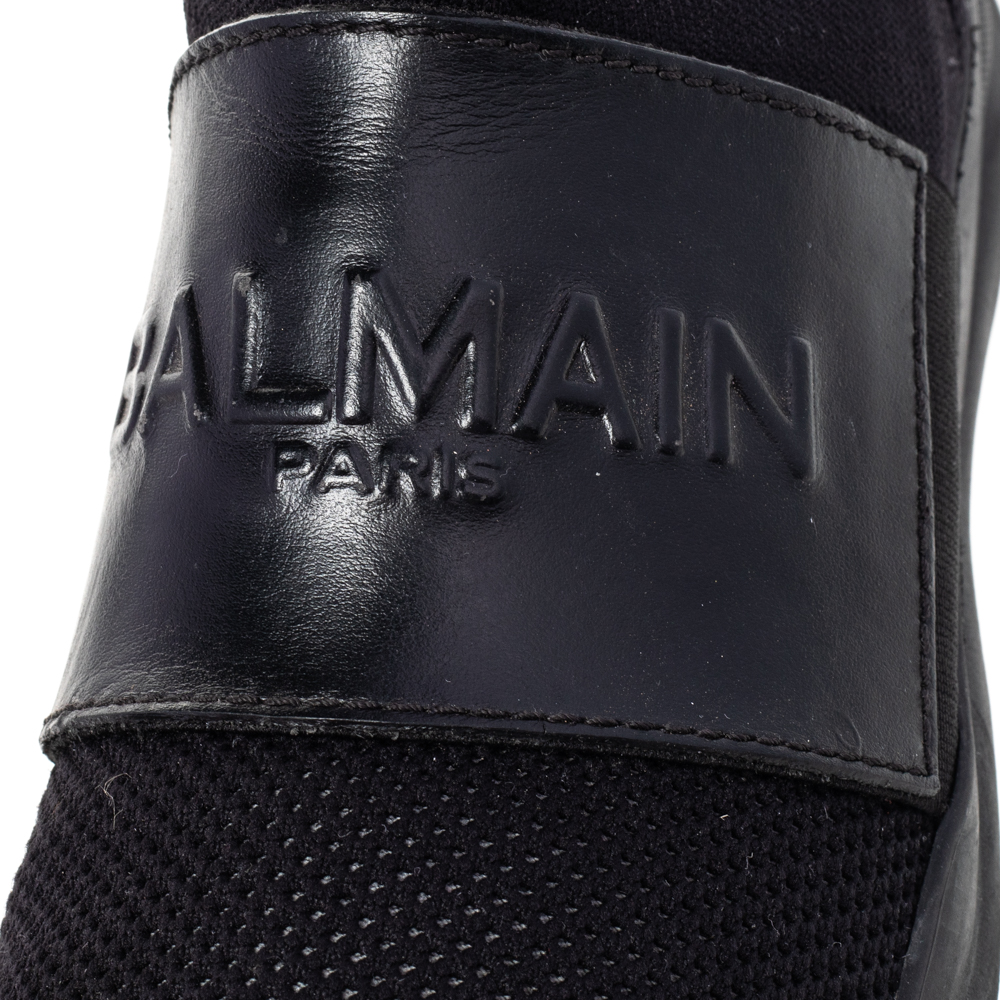 Balmain Black Leather And Knit Fabric Cameron High Top Sneakers Size 35