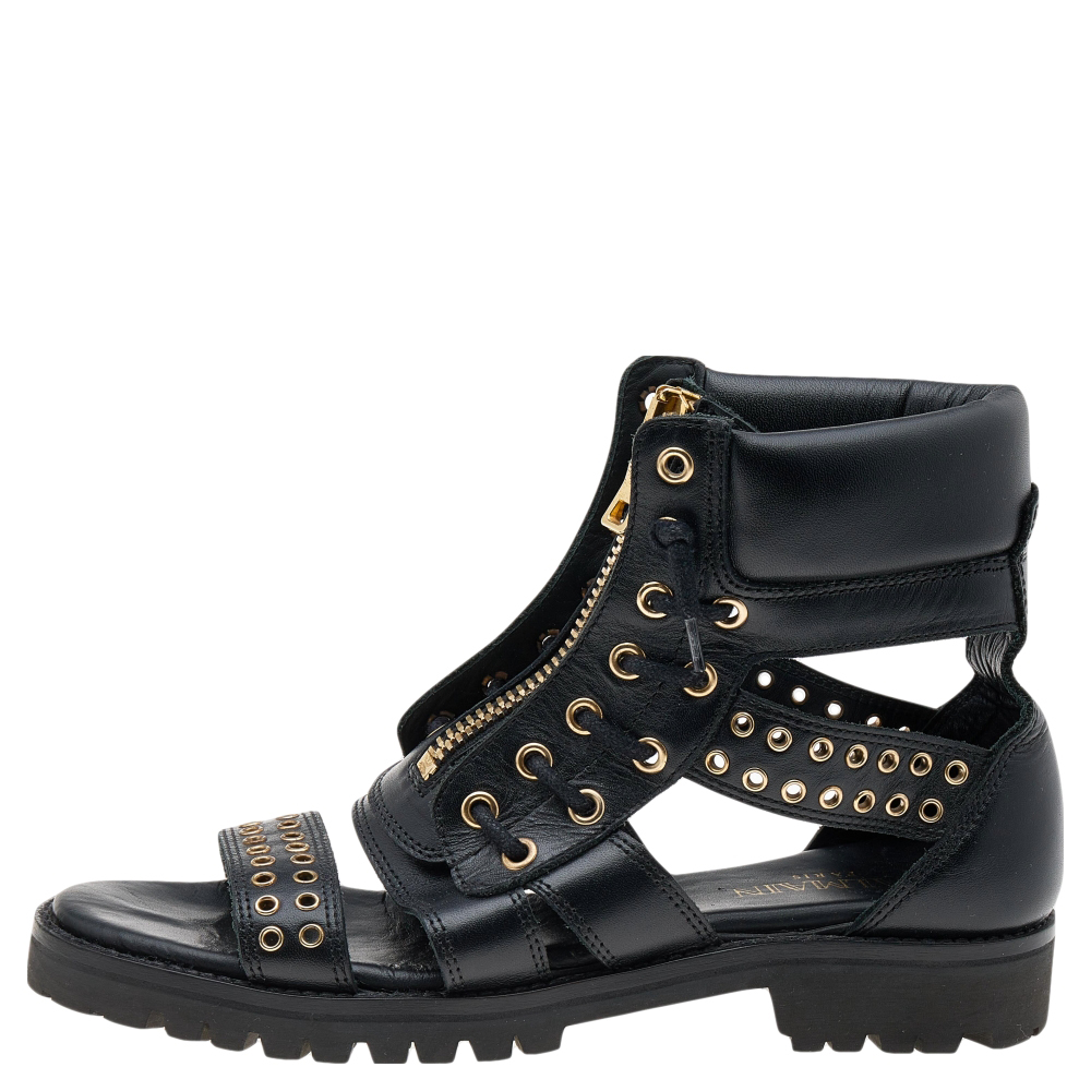 

Balmain Black Leather Embellished Flat Sandals Size