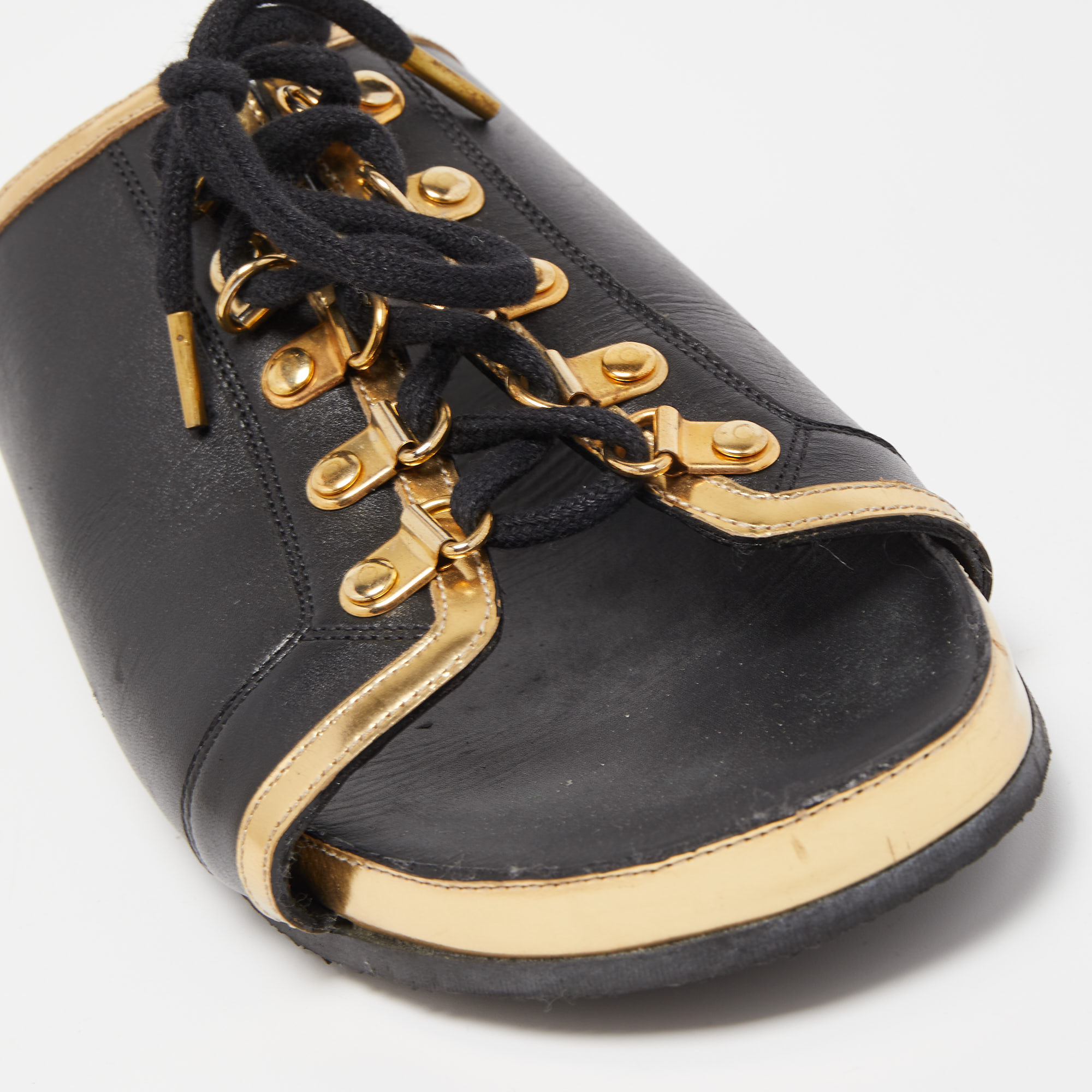 Balmain Black/Gold Leather Lace Up Slides Size 39