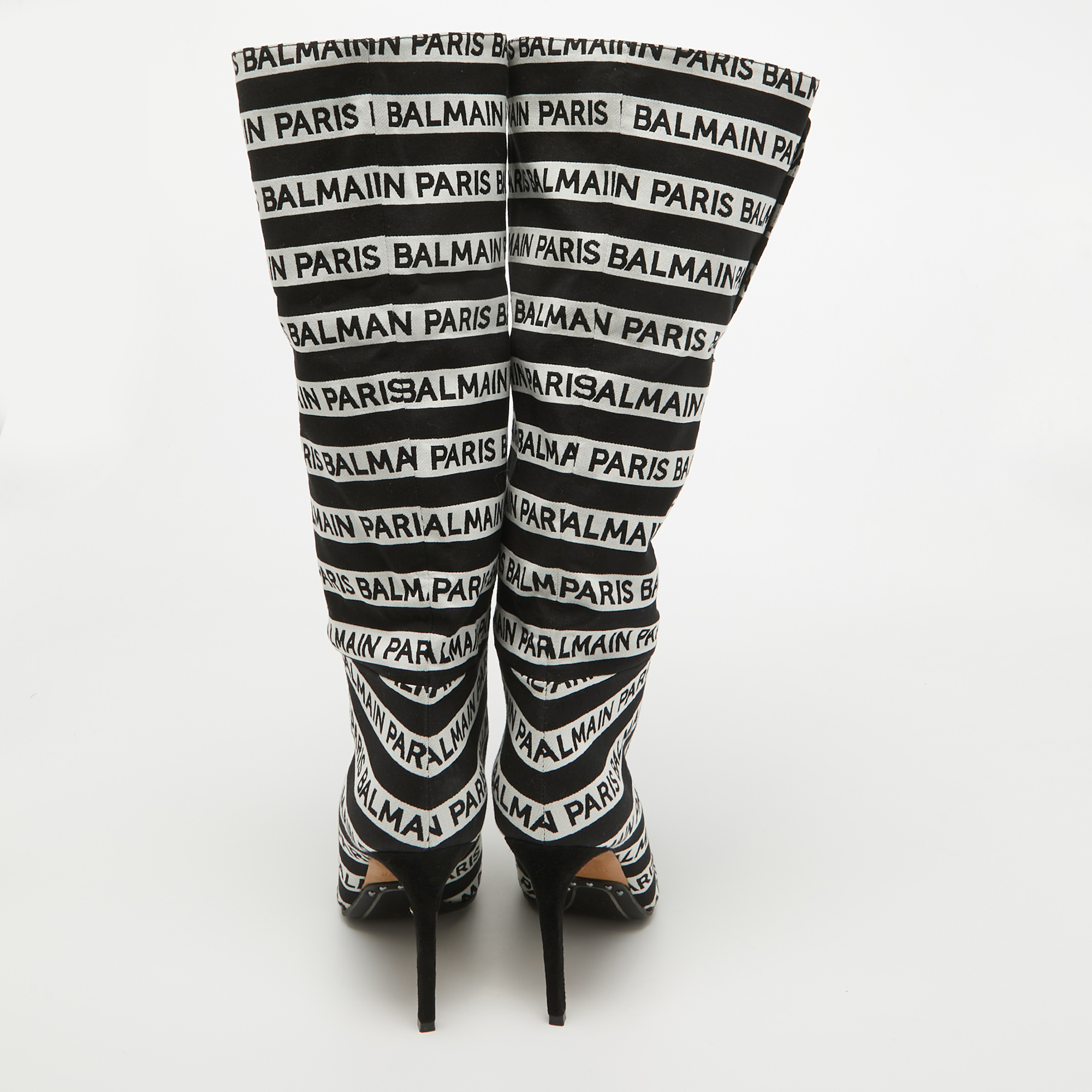 Balmain Black/White Canvas Knee Length Boots Size 39