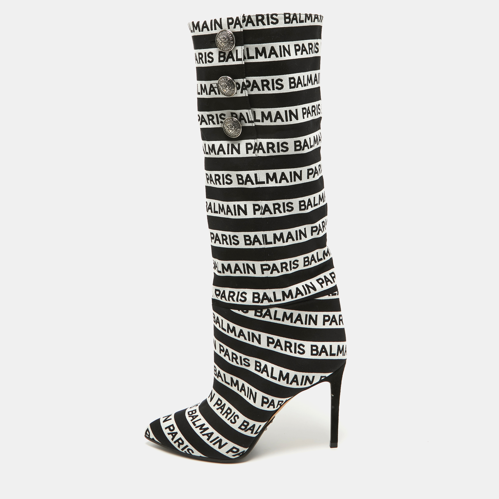 Balmain Black/White Canvas Knee Length Boots Size 39